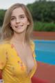 A woman in a yellow dress posing by a swimming pool.