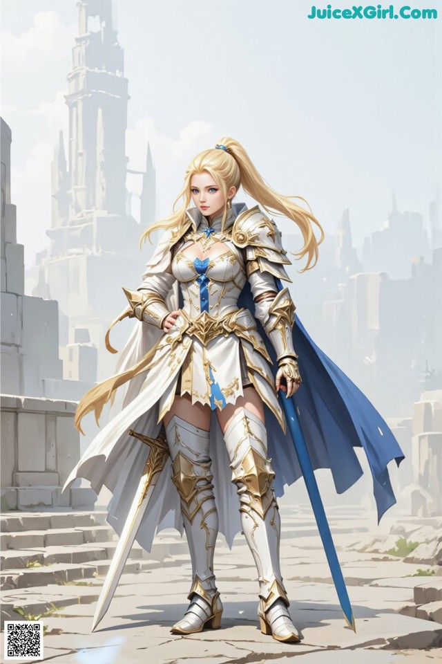 A woman in armor holding a sword in front of a city.