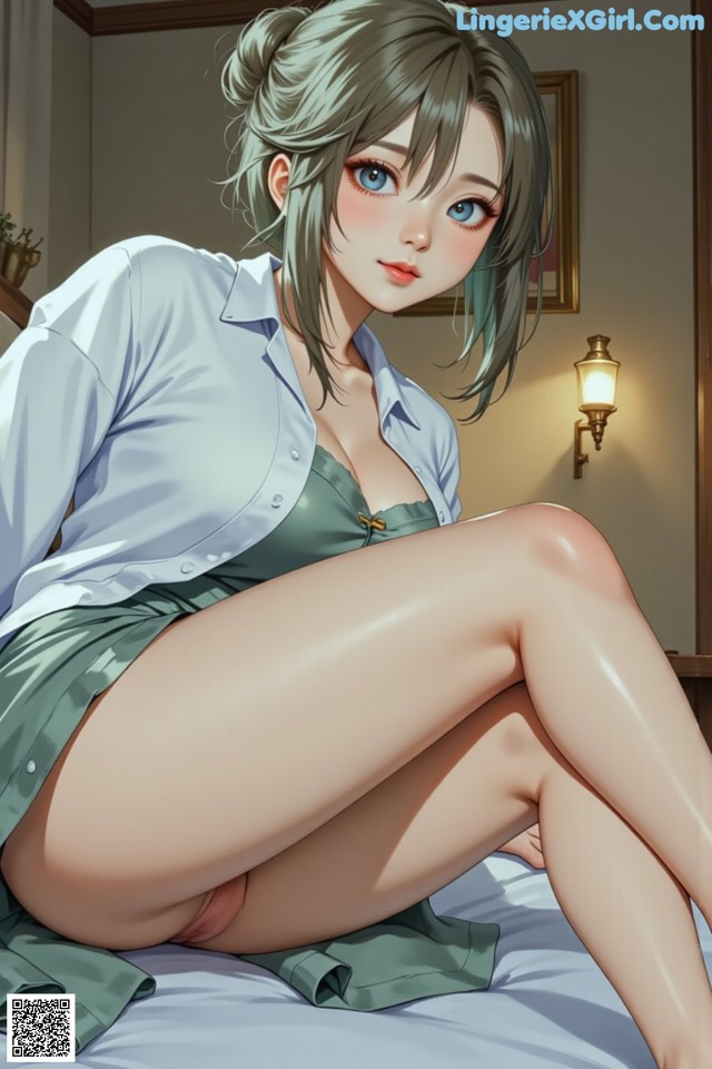 A woman sitting on top of a bed next to a lamp.