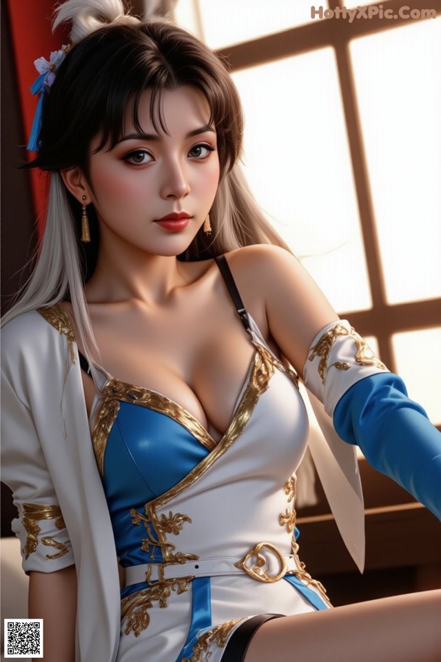 A woman in a blue and white outfit sitting on a couch.