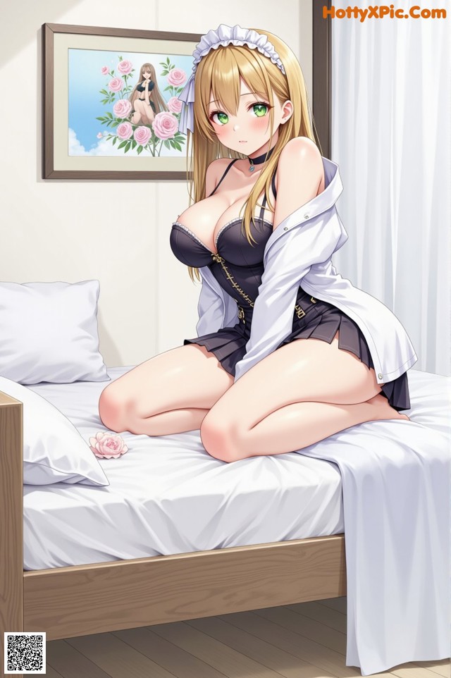A woman sitting on top of a bed in a room.
