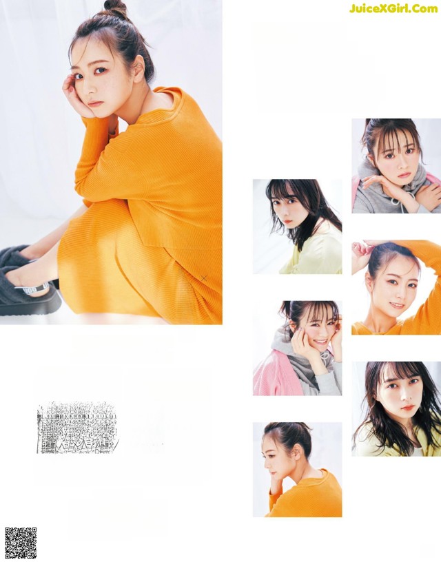 A magazine spread with a woman in a yellow sweater.