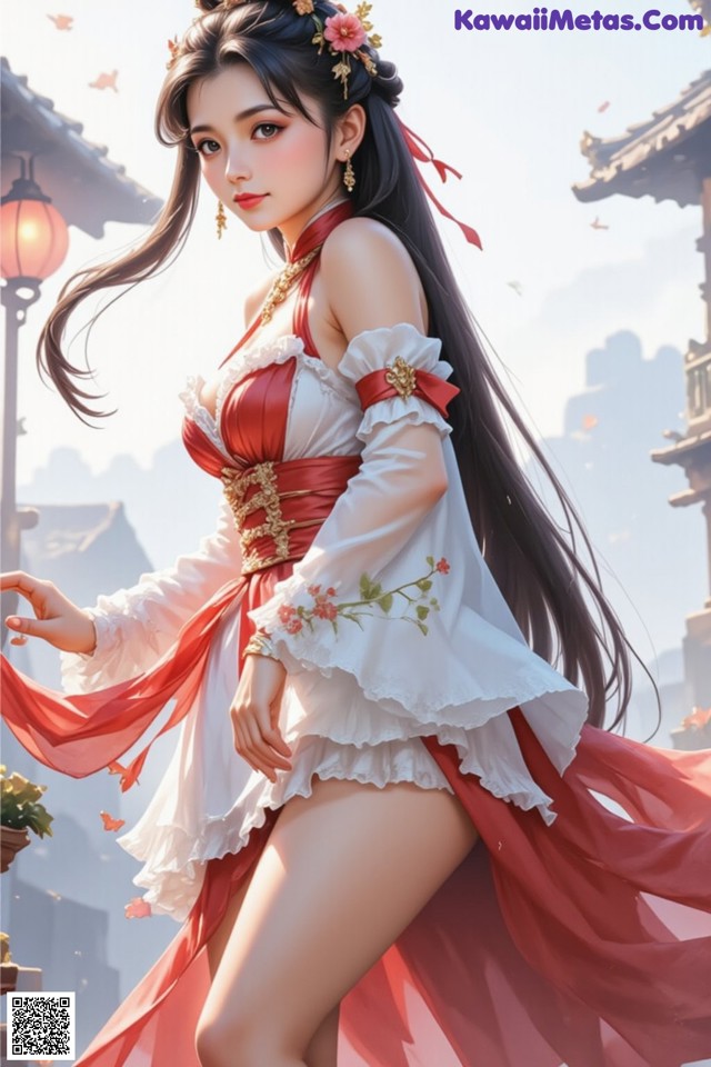 a woman in a red and white dress standing on a ledge