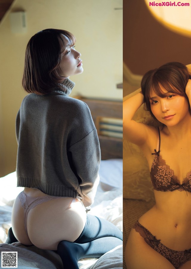 A woman sitting on top of a bed next to a picture of herself.