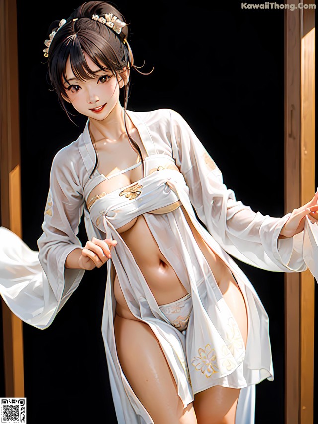 A woman in a white kimono is posing for a picture.