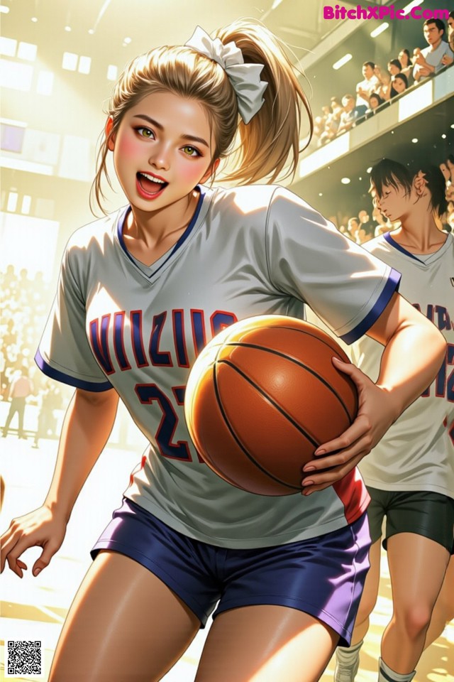 A girl holding a basketball in front of a crowd.