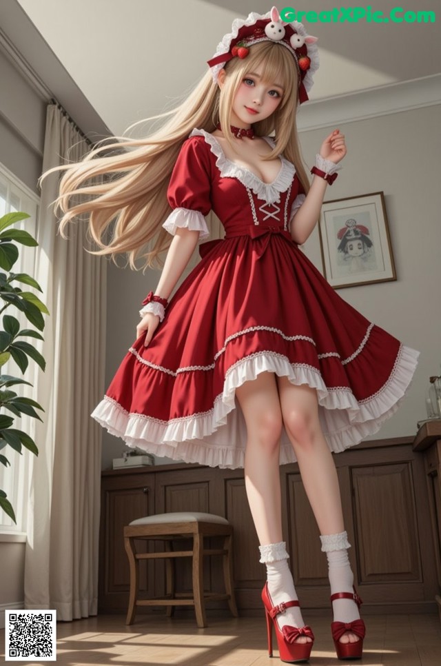 A woman in a red and white dress is posing for a picture.